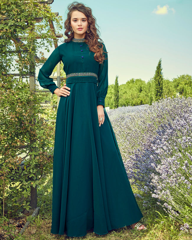 Alia cut A-line partywear georgette kurti in bottle green shade with h –  MyBudgetStore.in